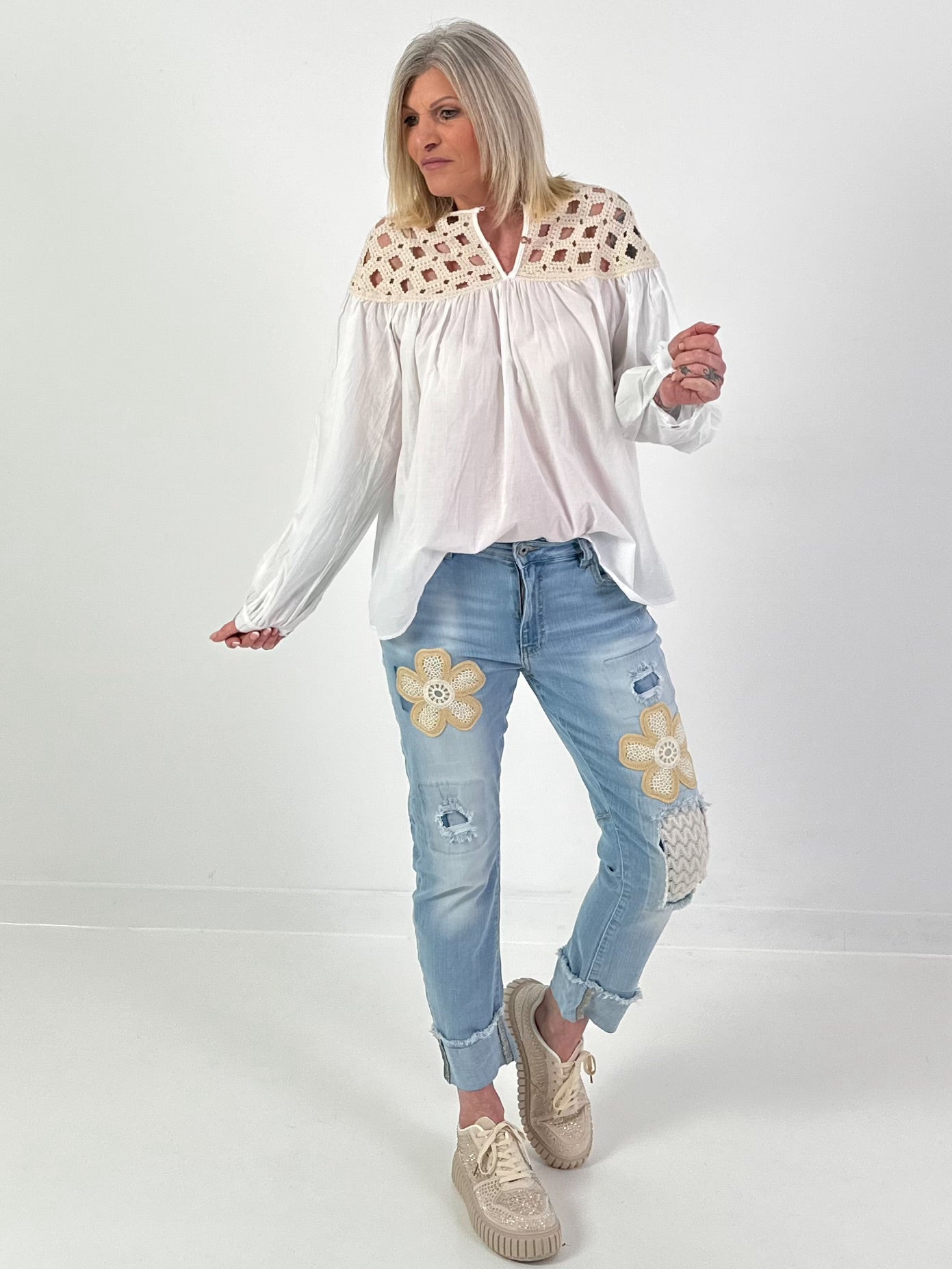 Tunika mit Häkeleinsatz - weiss-beige