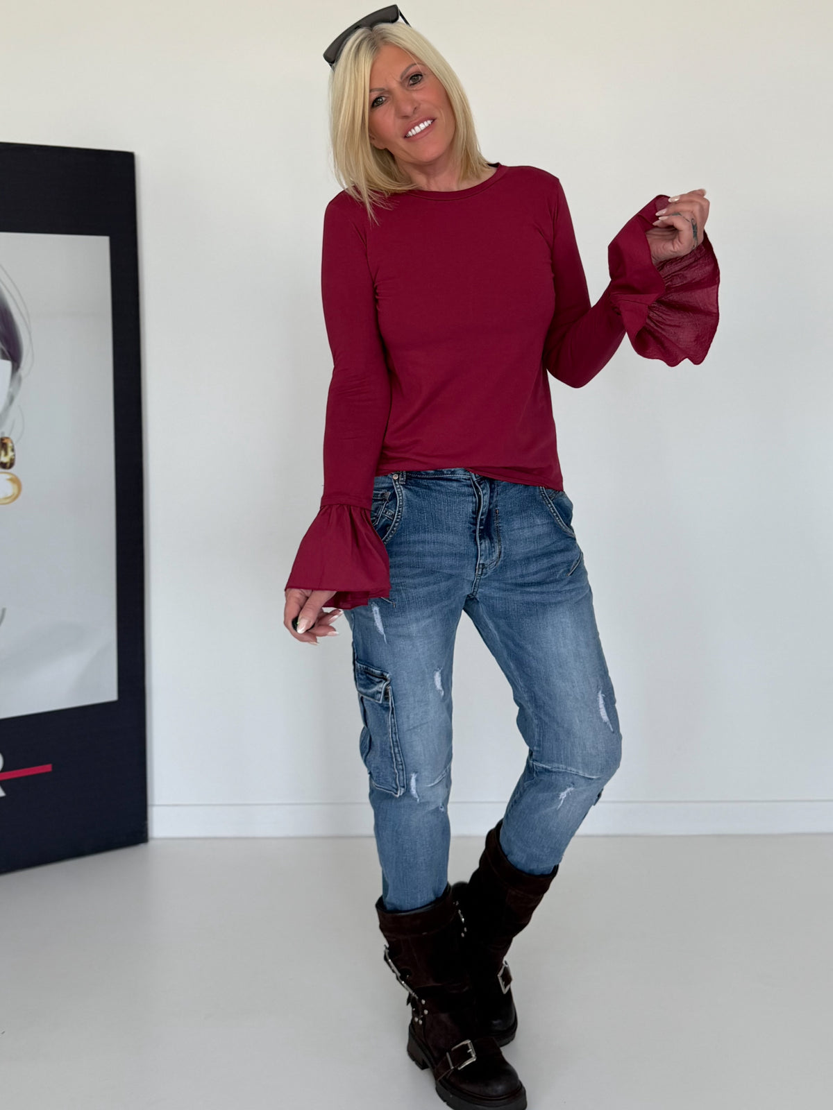 Shirt mit Trompetenärmelchen - burgundi