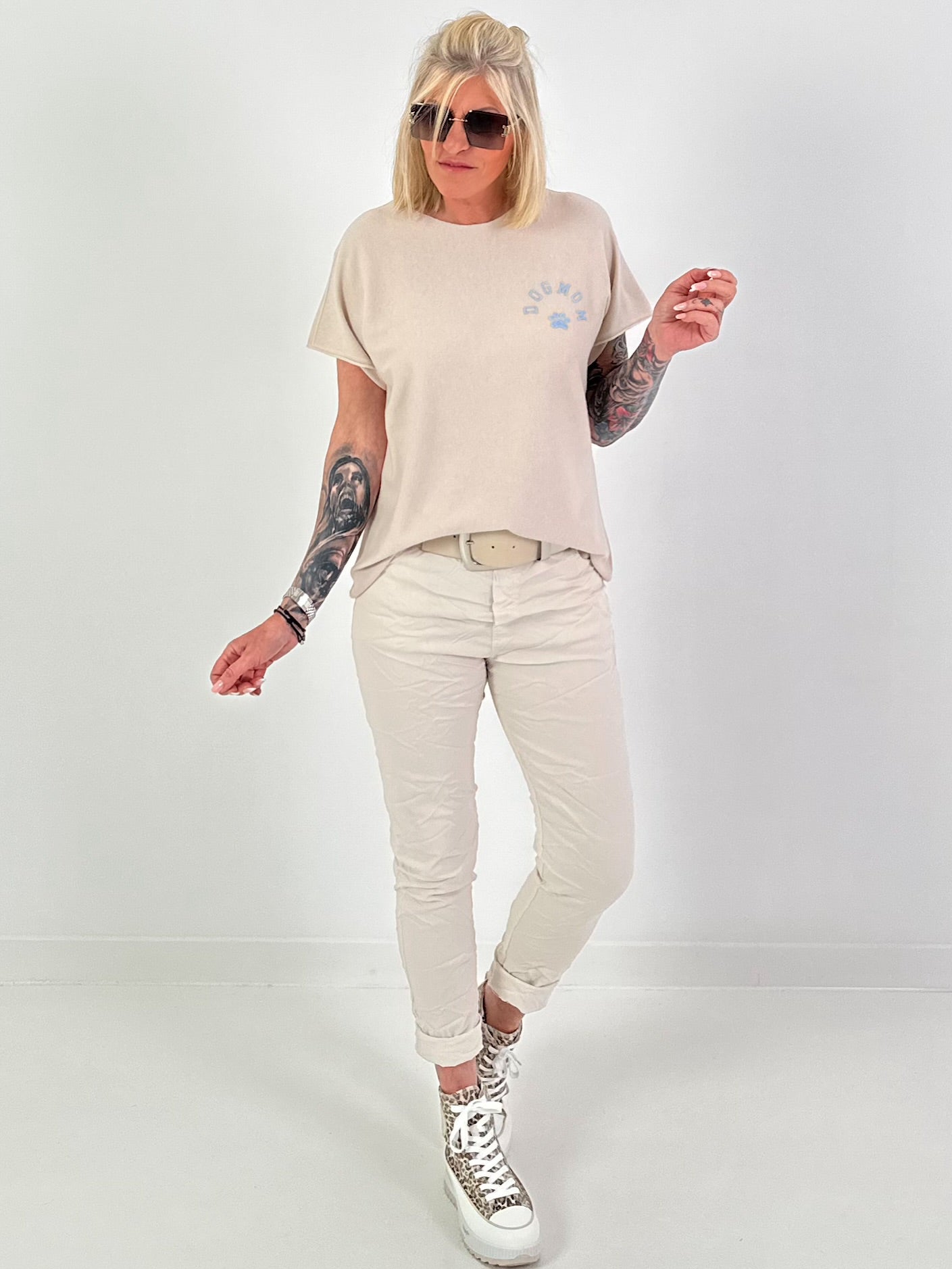 Fine Knit Dog Mom Shirt - Beige