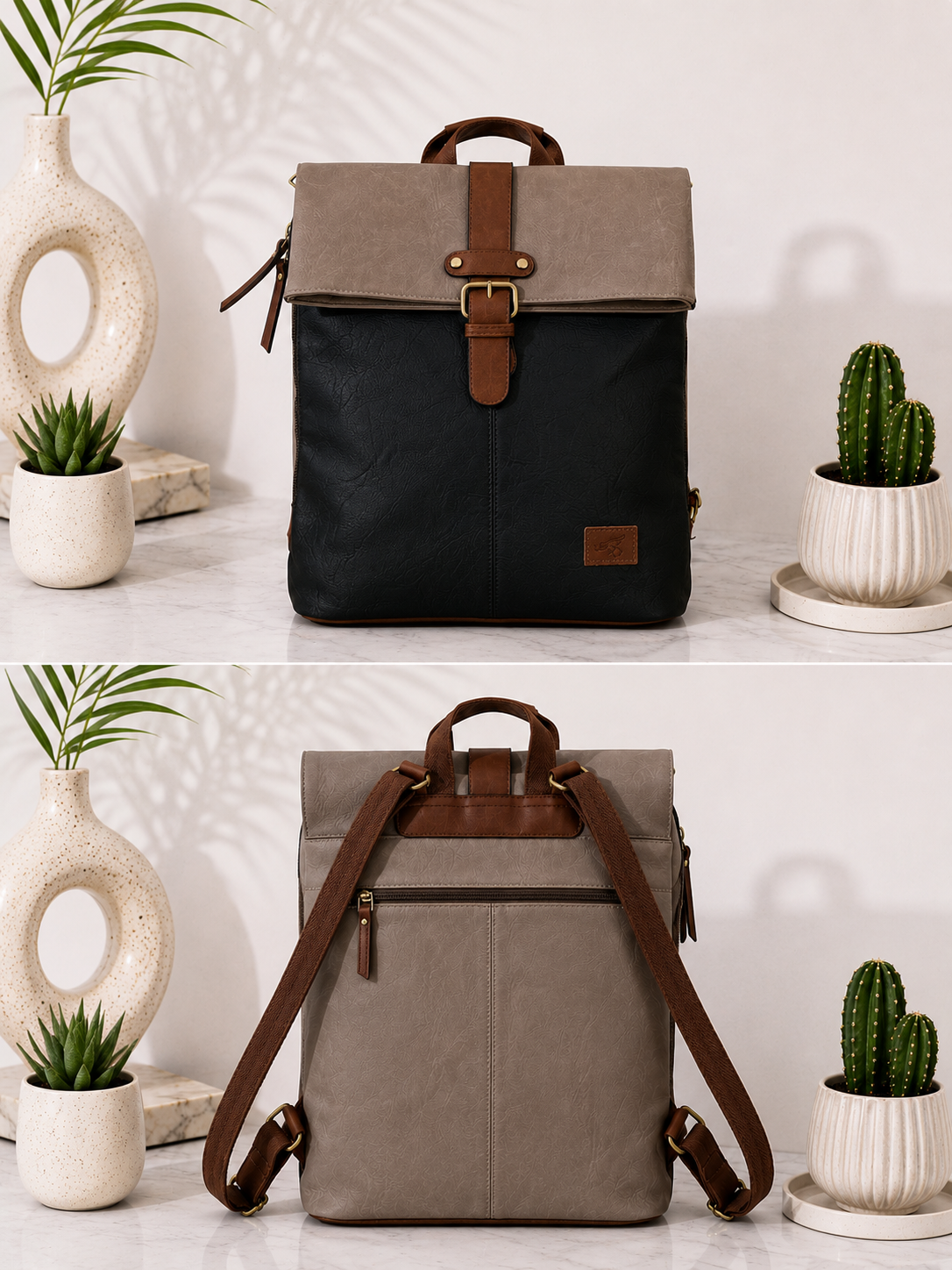 Backpack in vintage leather look - Black - Mud
