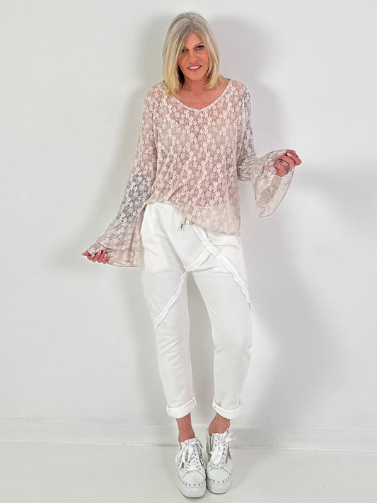 Blouse van bloemenkant - beige