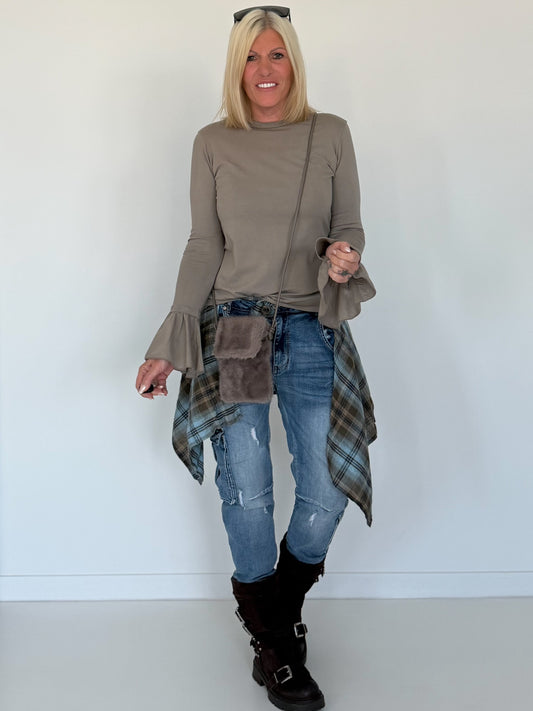 Shirt mit Trompetenärmelchen - taupe