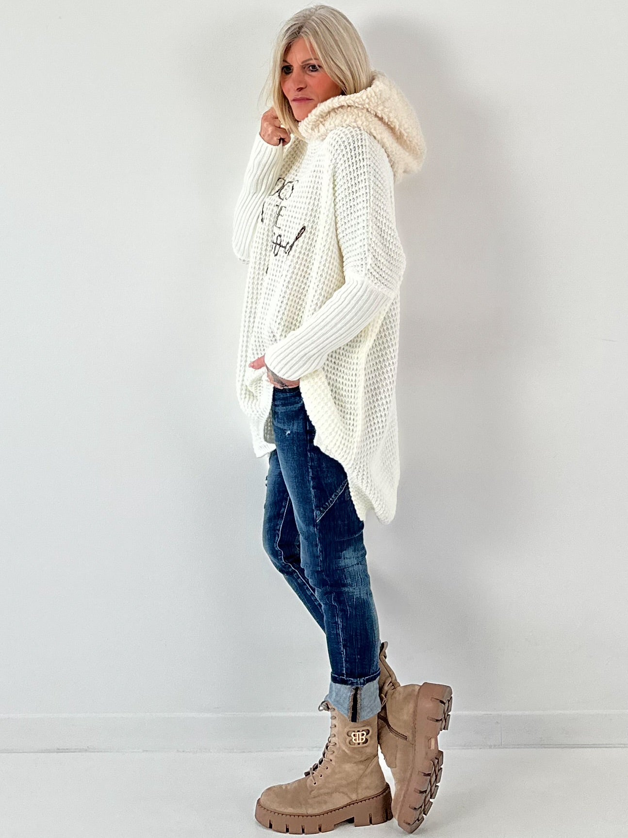 Pullover mit Teddy Kapuze Modell "Good Focus" - ecru