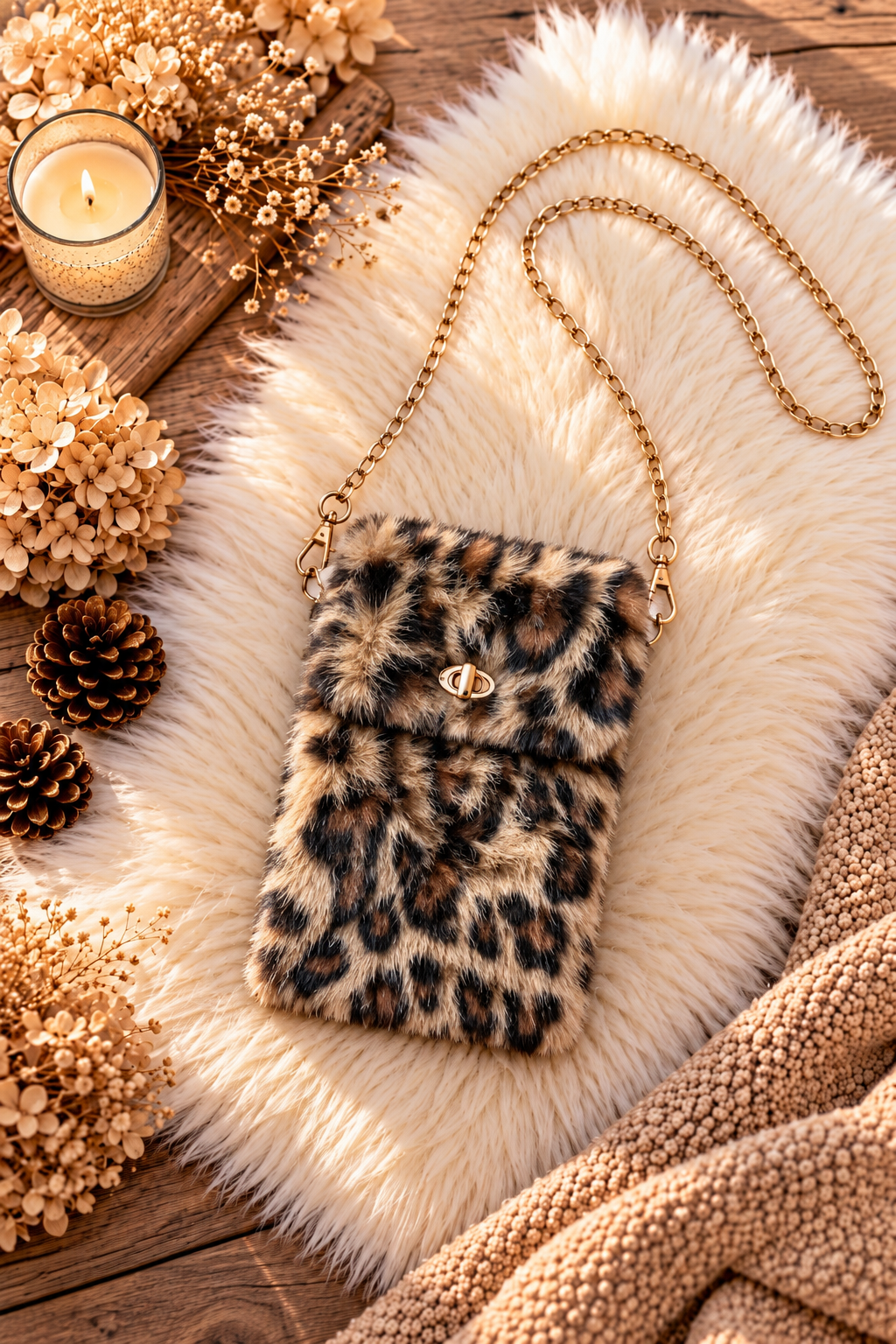 Kleine Felltasche / Phone Bag mit Twist Lock Verschluss - beige-leo