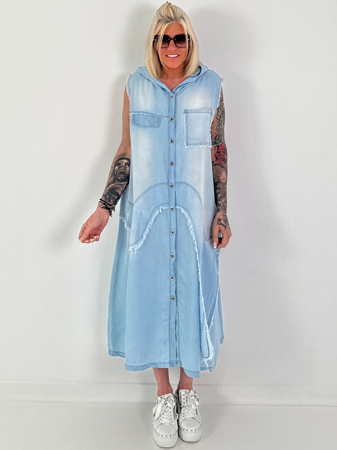 Hooded denim dress - light blue