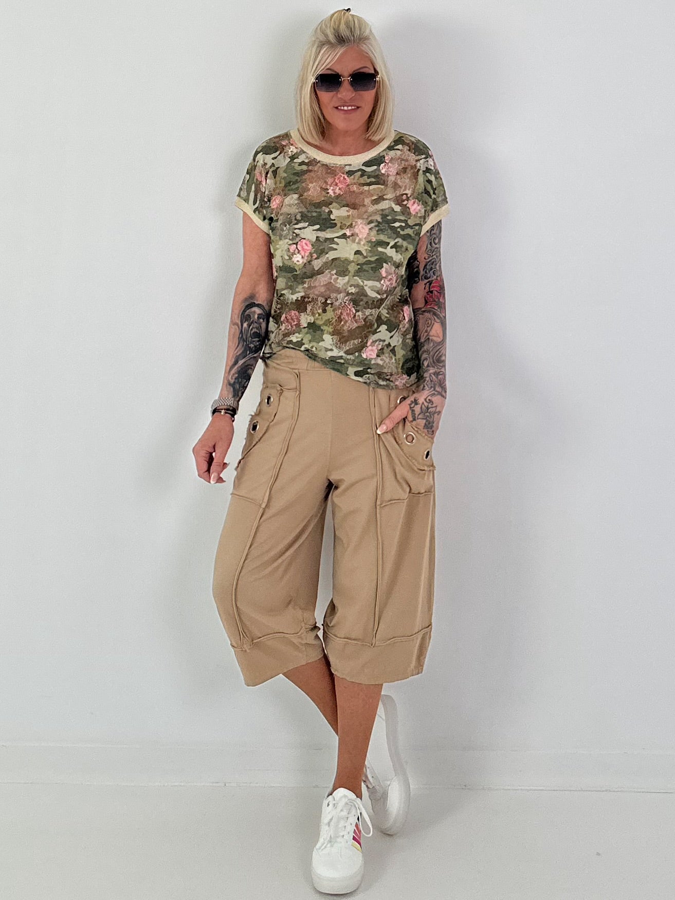 Camouflage shirt with lace inserts - khaki multi-coloured