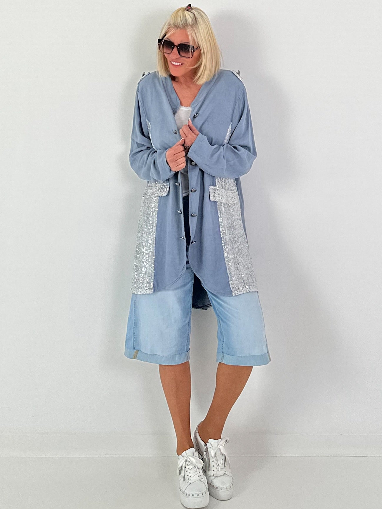 Oversized Linen Military Blazer - dove blue