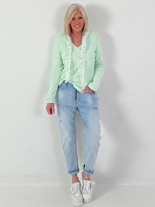 Ribbed shirt with floral ribbons - mint