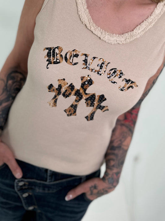 Ripp Tank Top mit Print  - beige