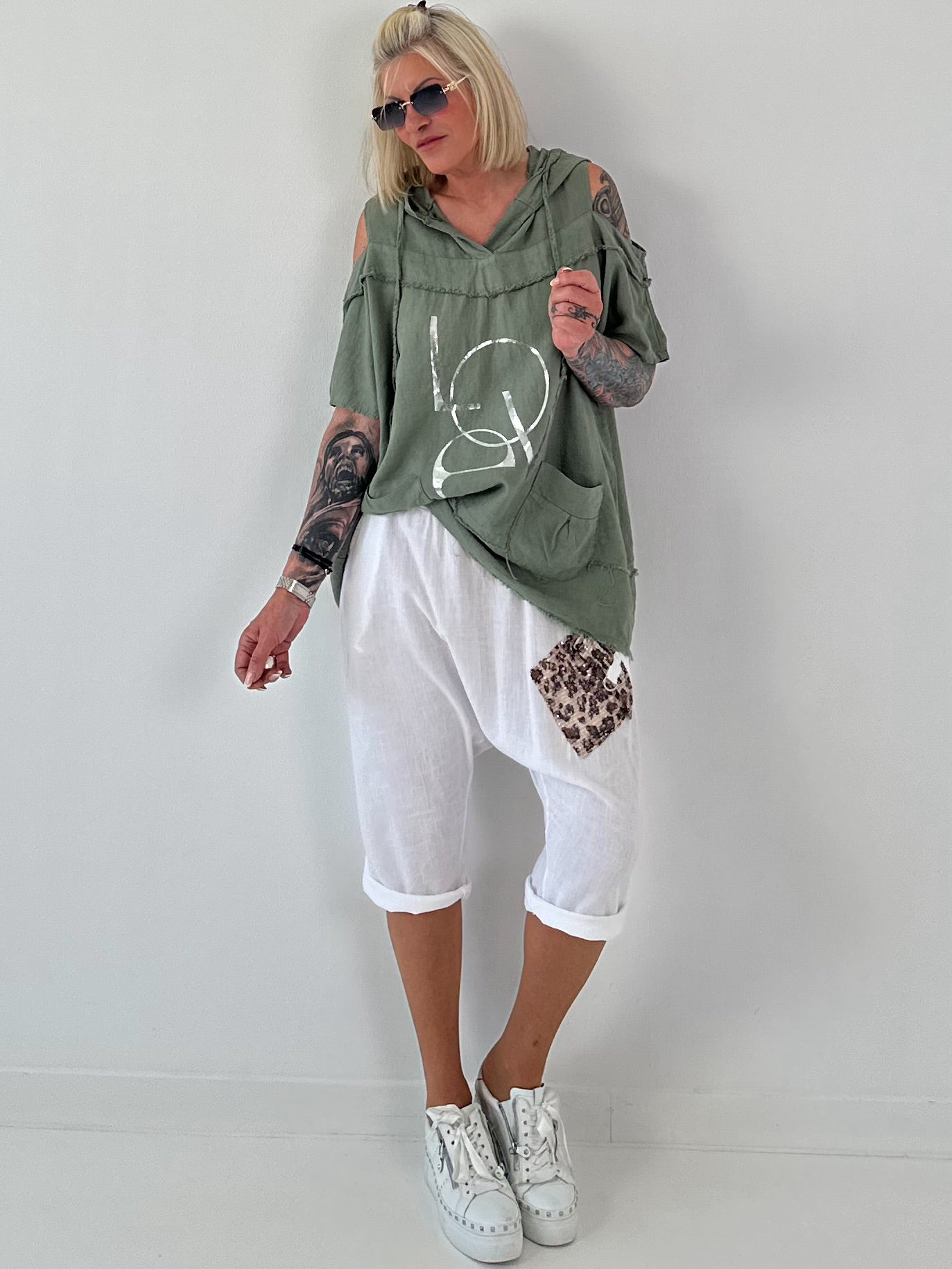 Linen Shirt with Off-Shoulder Cut-Outs Leo - beige