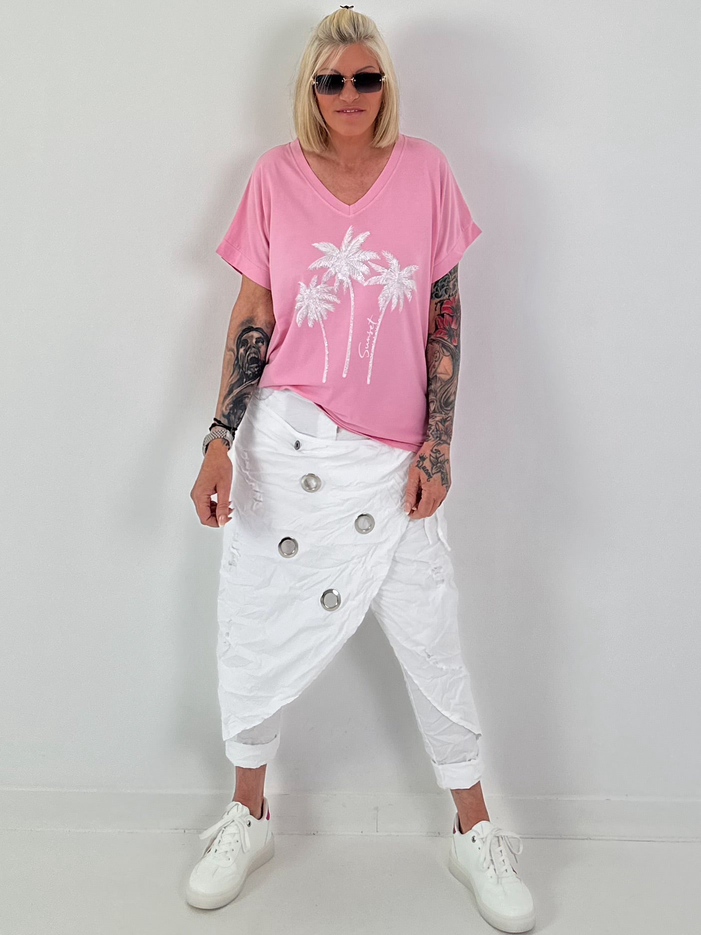 T-Shirt mit Glitzerpalmen - rosa