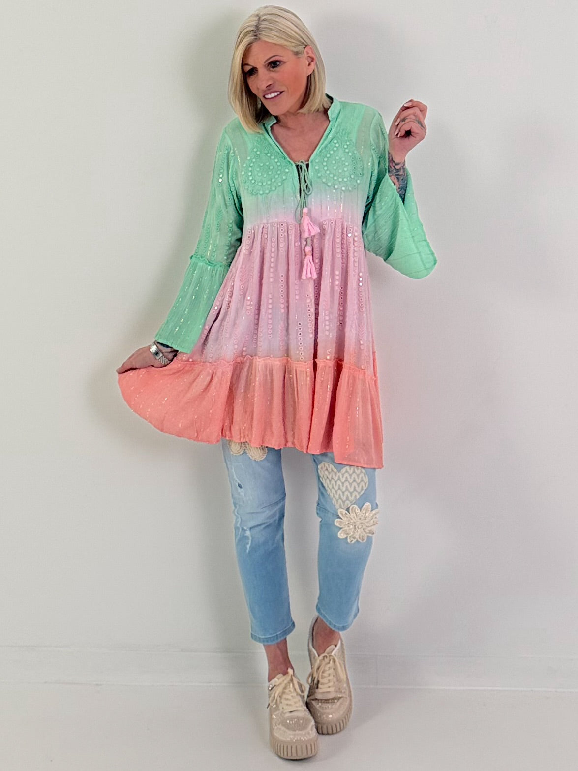 Ibiza Tunika/Kleid mit Lurexnähten - rosa-koralle-lindgrün