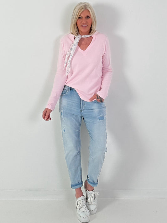 Ribbed shirt with floral ribbons - pink