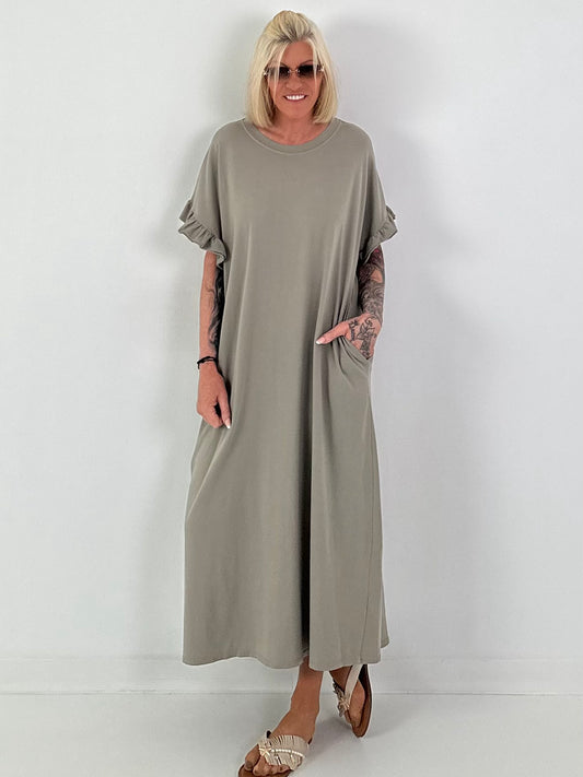 Langes Kleid mit kurzen Rüschen-Ärmeln - taupe