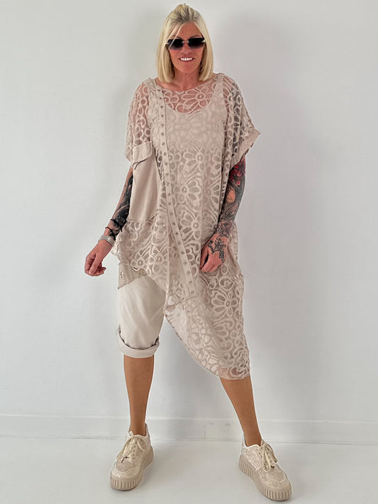 Asymmetrische oversized Tunika mit Jeans Applikationen - beige
