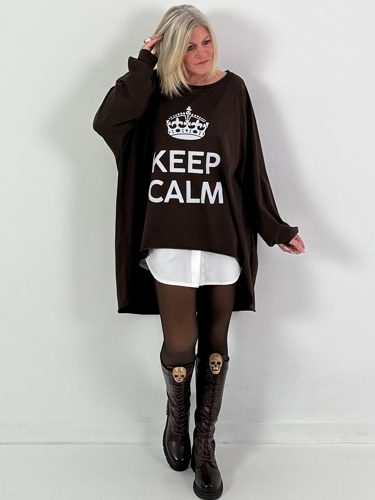 Oversized shirt model "KEEP CALM" - coffee
