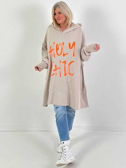 Oversized hoodie model "Holy Chic" - beige-neon orange