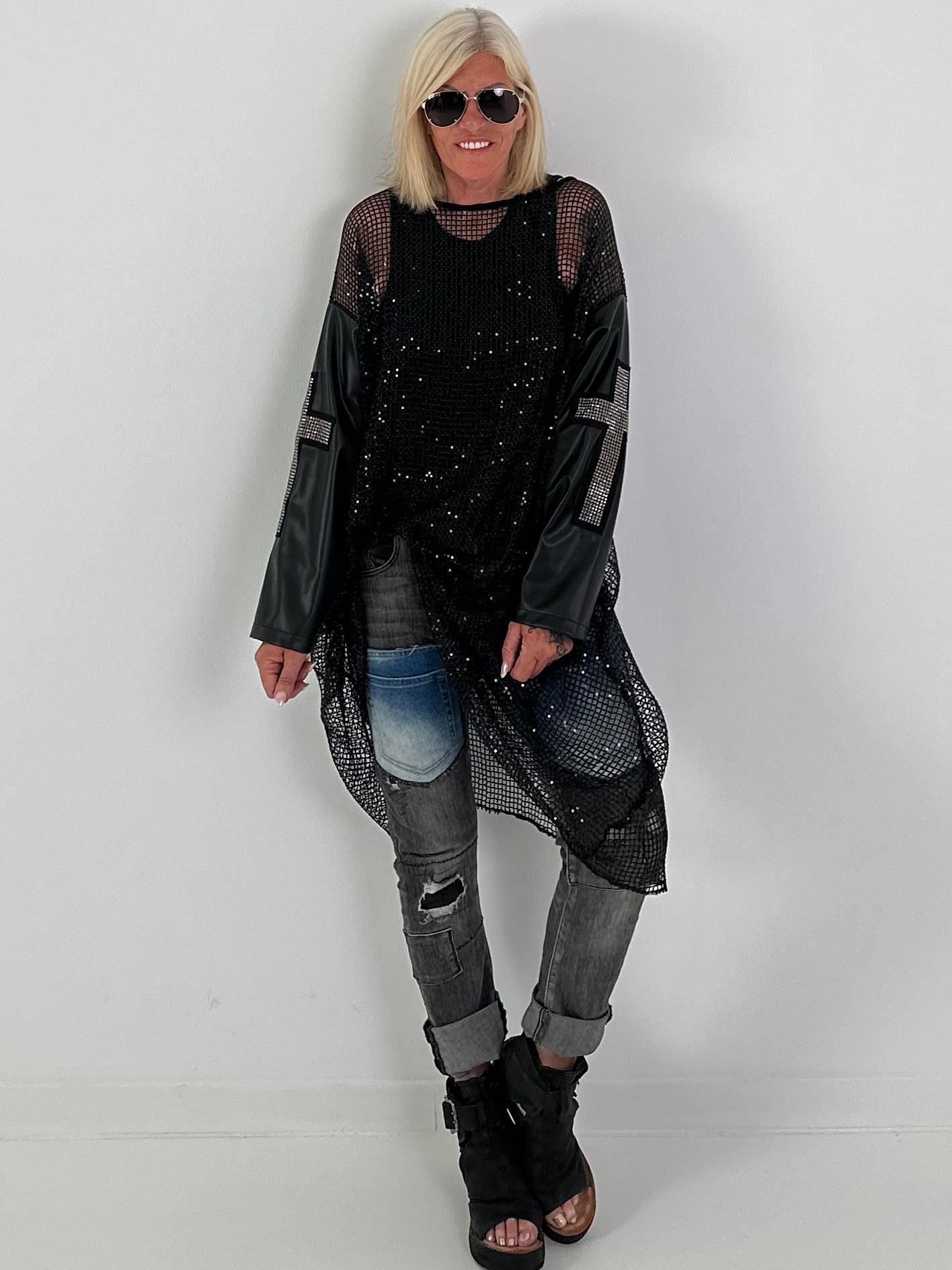 Stylish Long Mesh Shirt with Cross Details - black