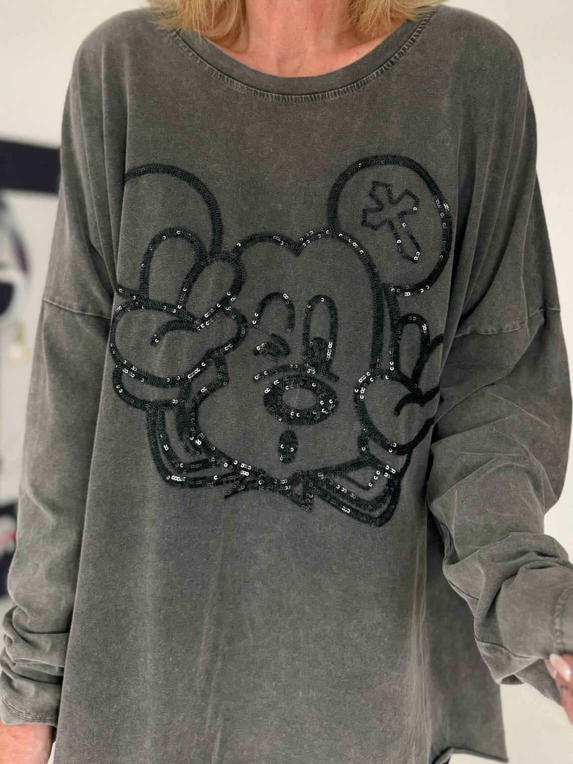 Oversized Shirt mit Paillettenprint - stone-washed-schwarz