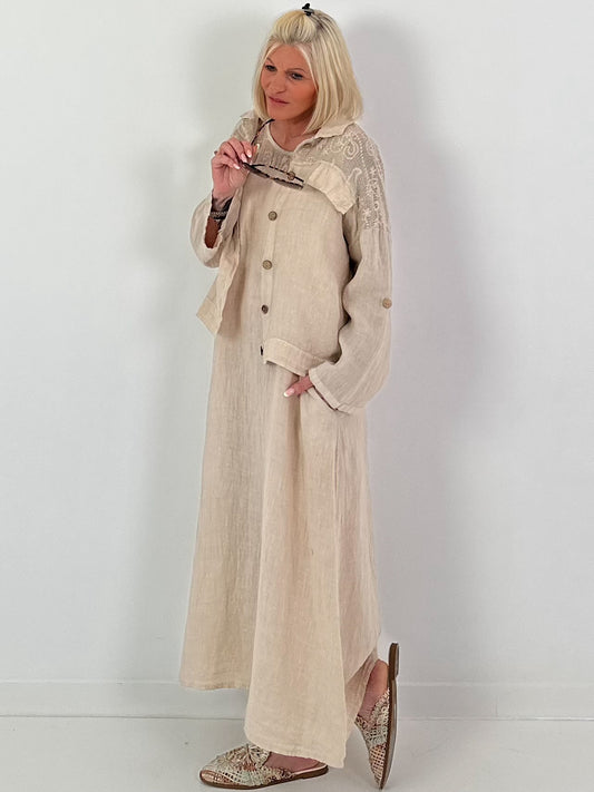 Linen jacket with crochet insert - beige