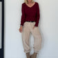 Geribd T-shirt met gerafelde V-hals - bordeauxrood