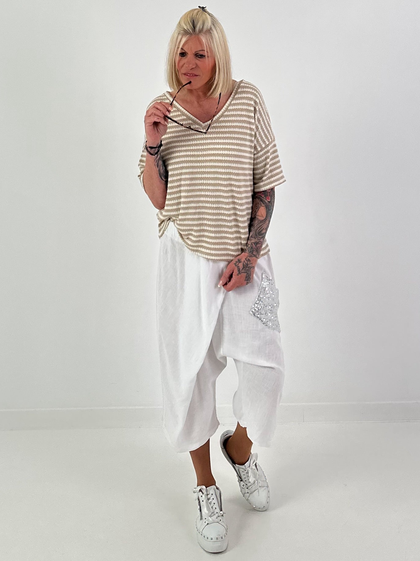 Strick T-Shirt mit Streifen - beige-ecru