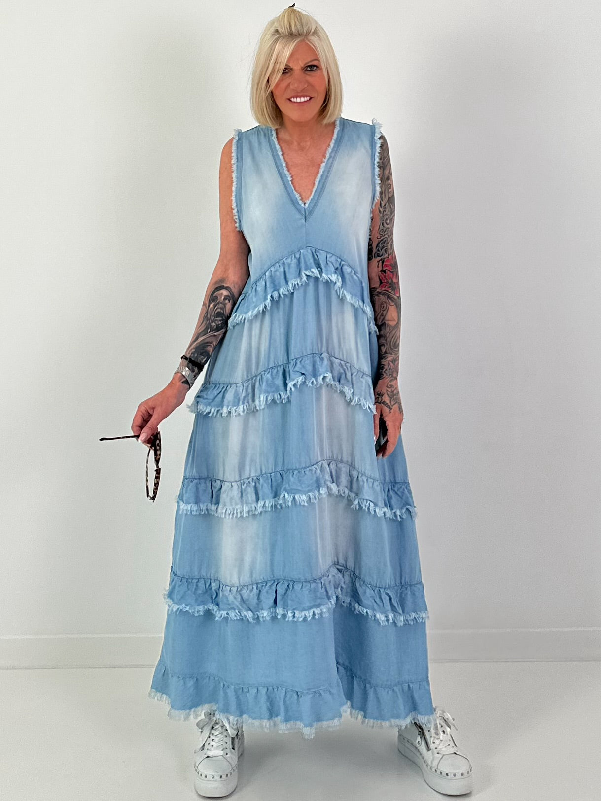 Sleeveless Ruffle Denim Dress - Light Blue