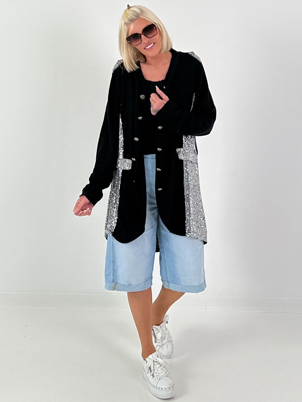 Oversized Linen Military Blazer - Black