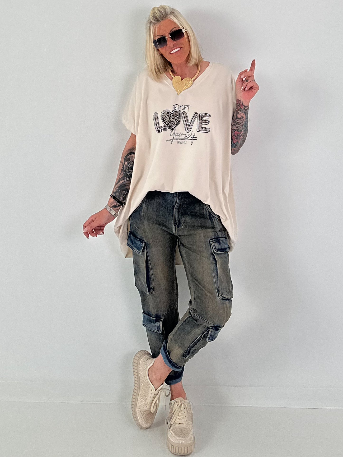 T-Shirt mit Strassdetail - beige