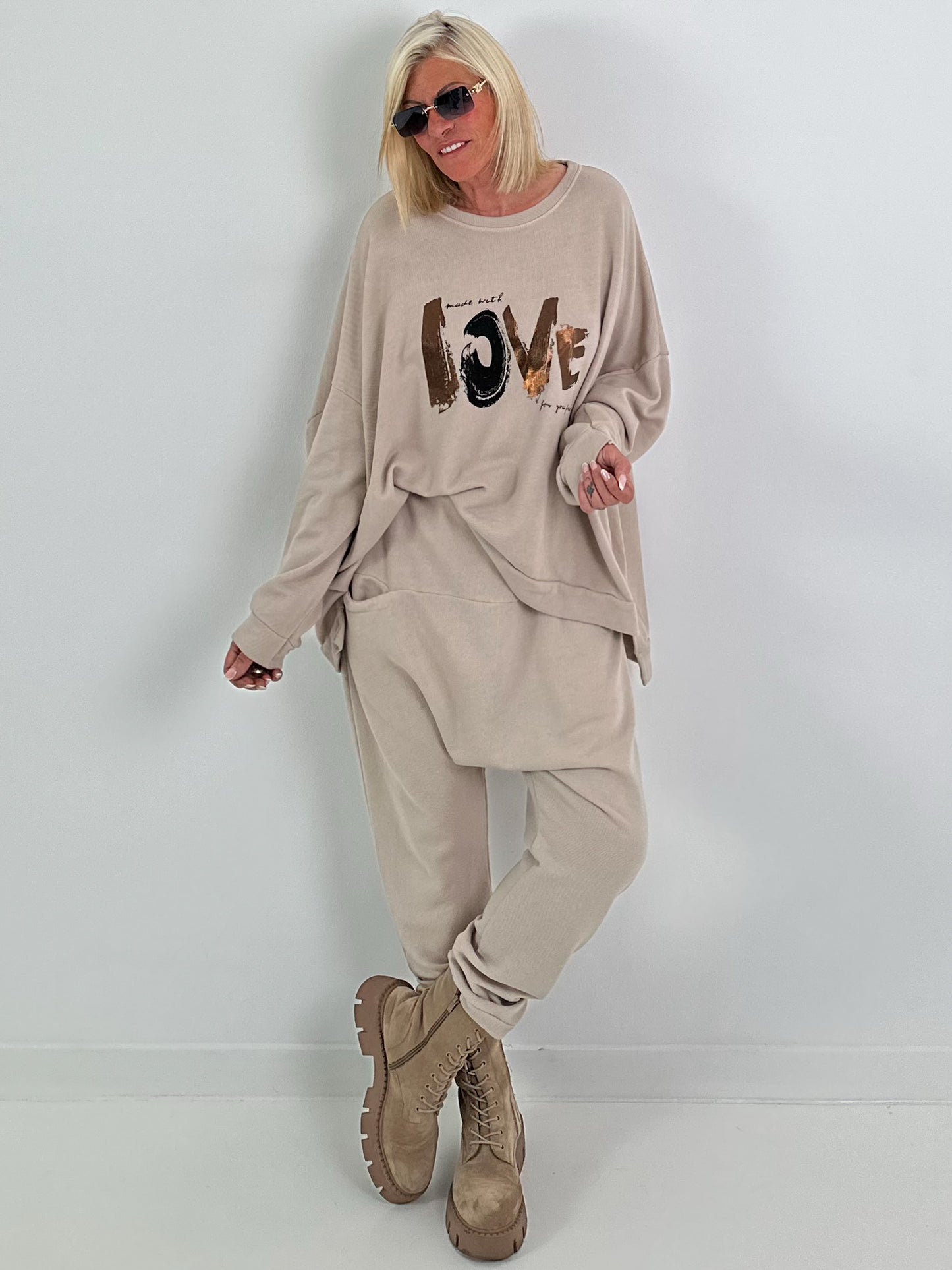 Oversized Sweater mit Frontprint - beige
