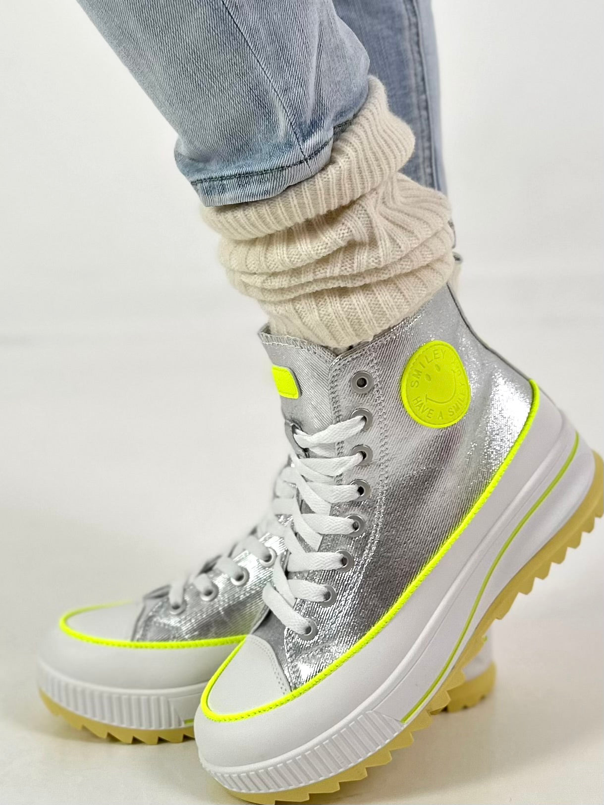 High-top sneaker model "Cat Boost" - silver-neon yellow
