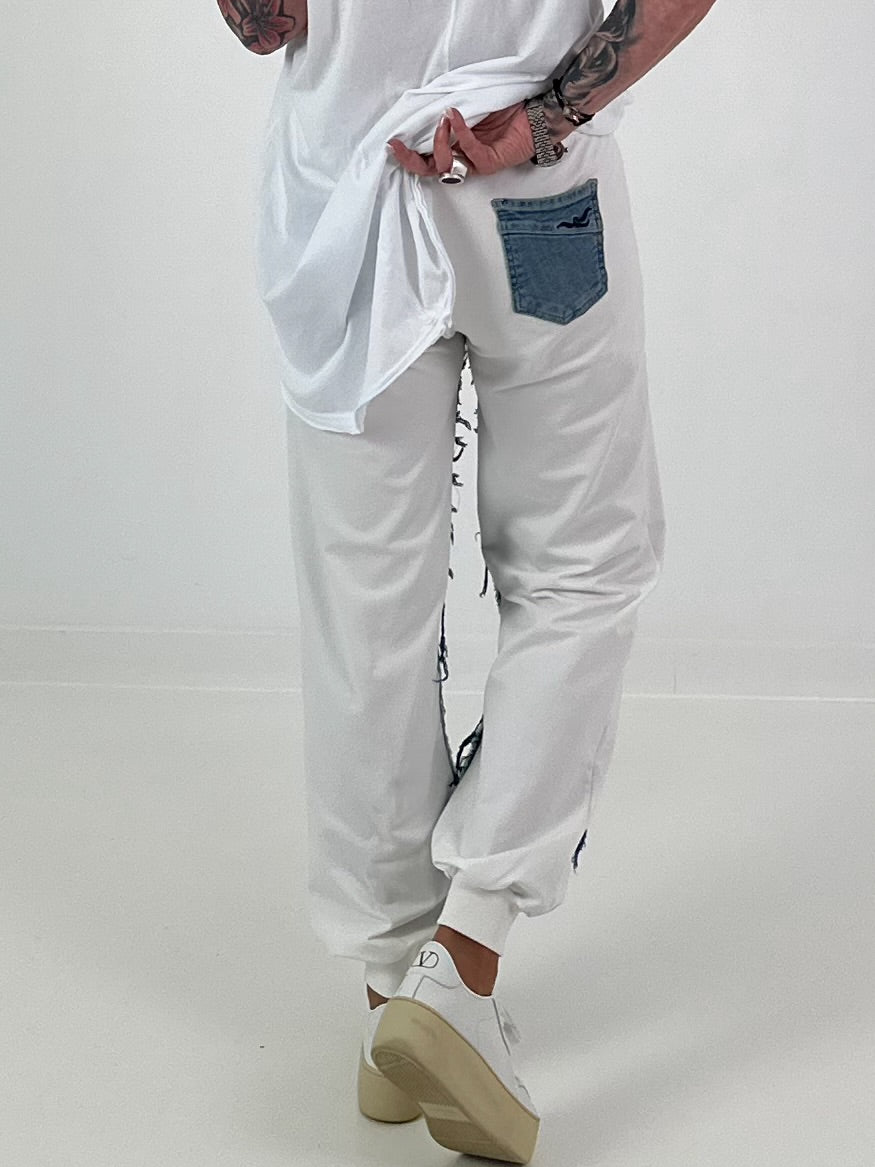 Sweat Jeans mit Print und Destroyed Details - weiss-denim