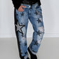 Boyfriend Jeans mit allover Sternen-Print und Ledereinsätzen - schwarz-denim