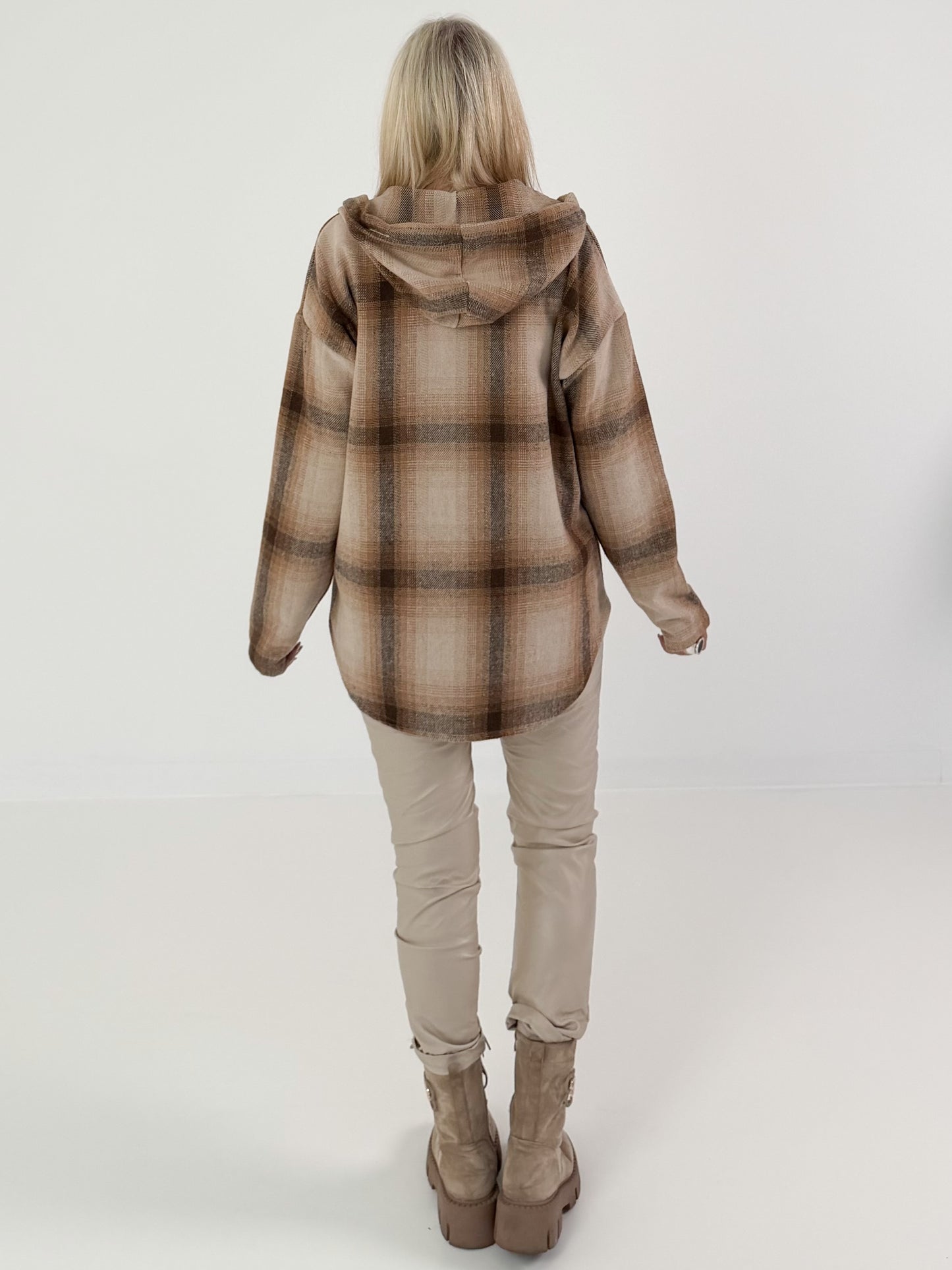 Check shirt jacket with hood - beige-camel-multicoloured