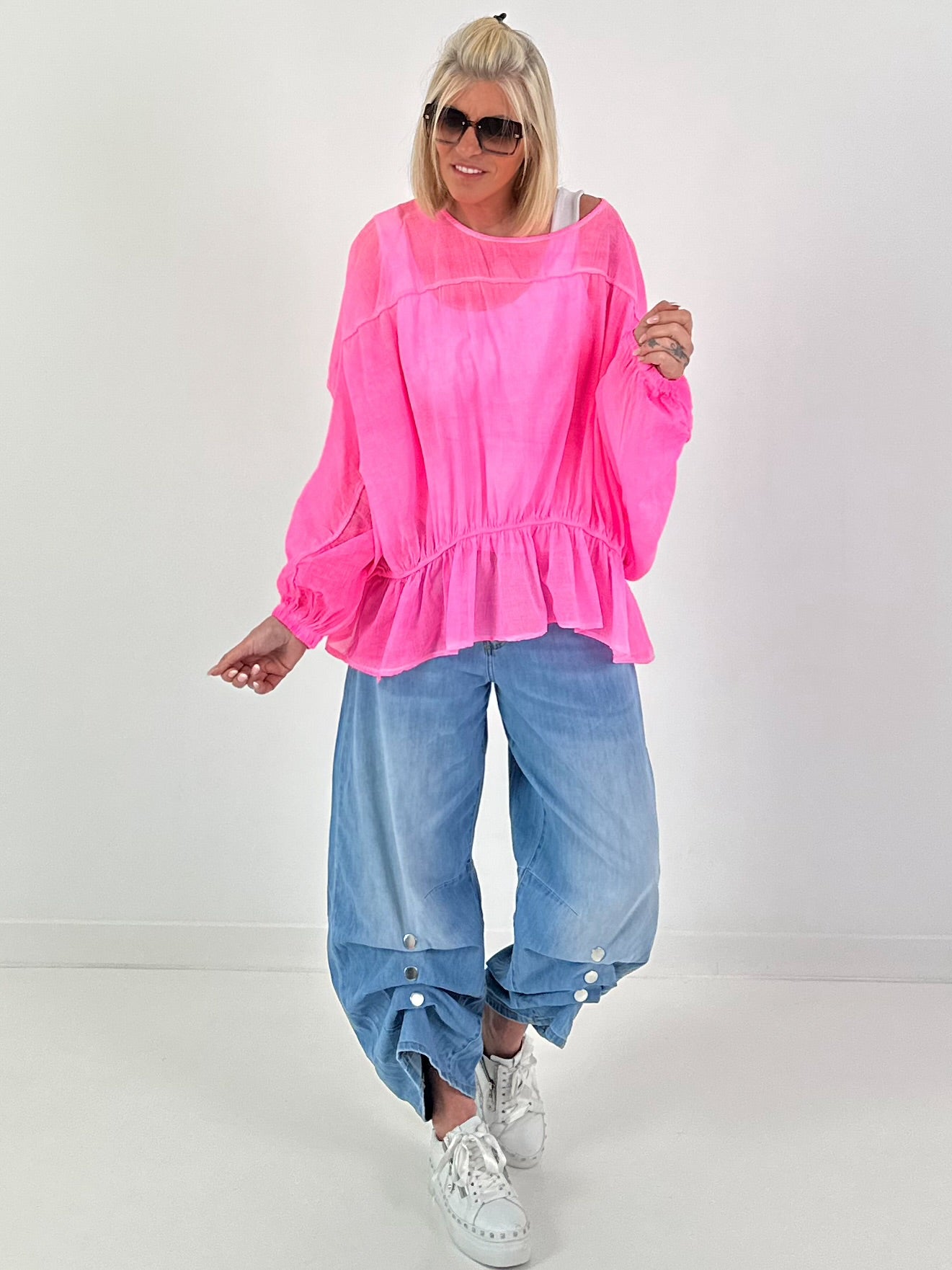 Tunic with flounce hem - neon pink