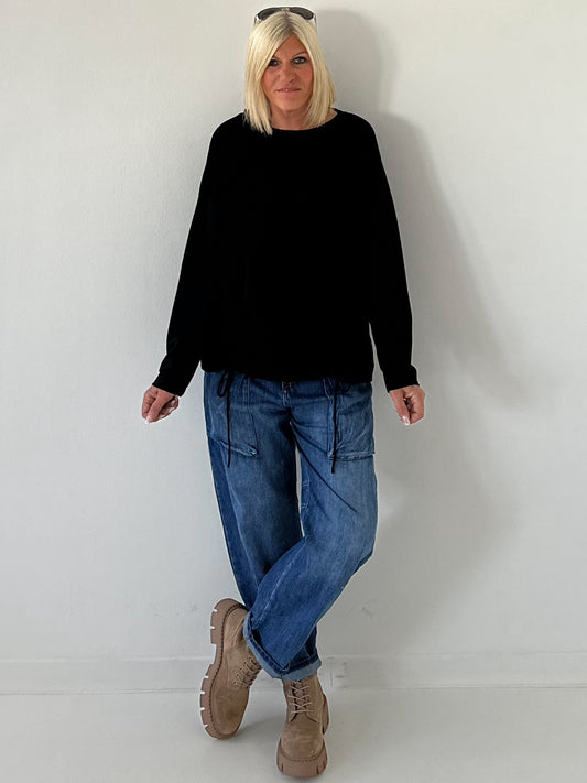 Feinkord Shirt mit Sweati Armen und Rücken - schwarz