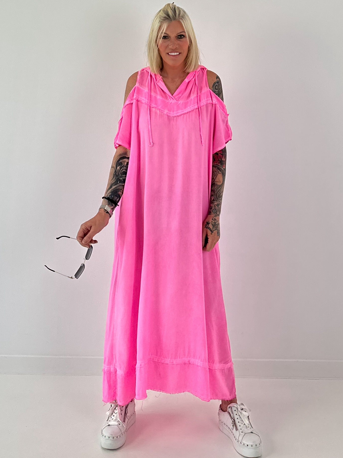 Neon pink cold shoulder hoodie dress