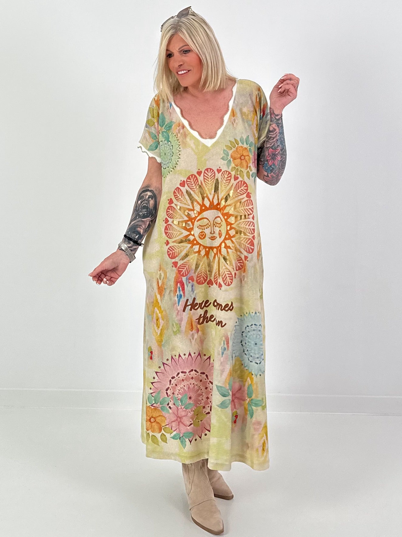 Knitted dress with lurex and sun print - multicoloured