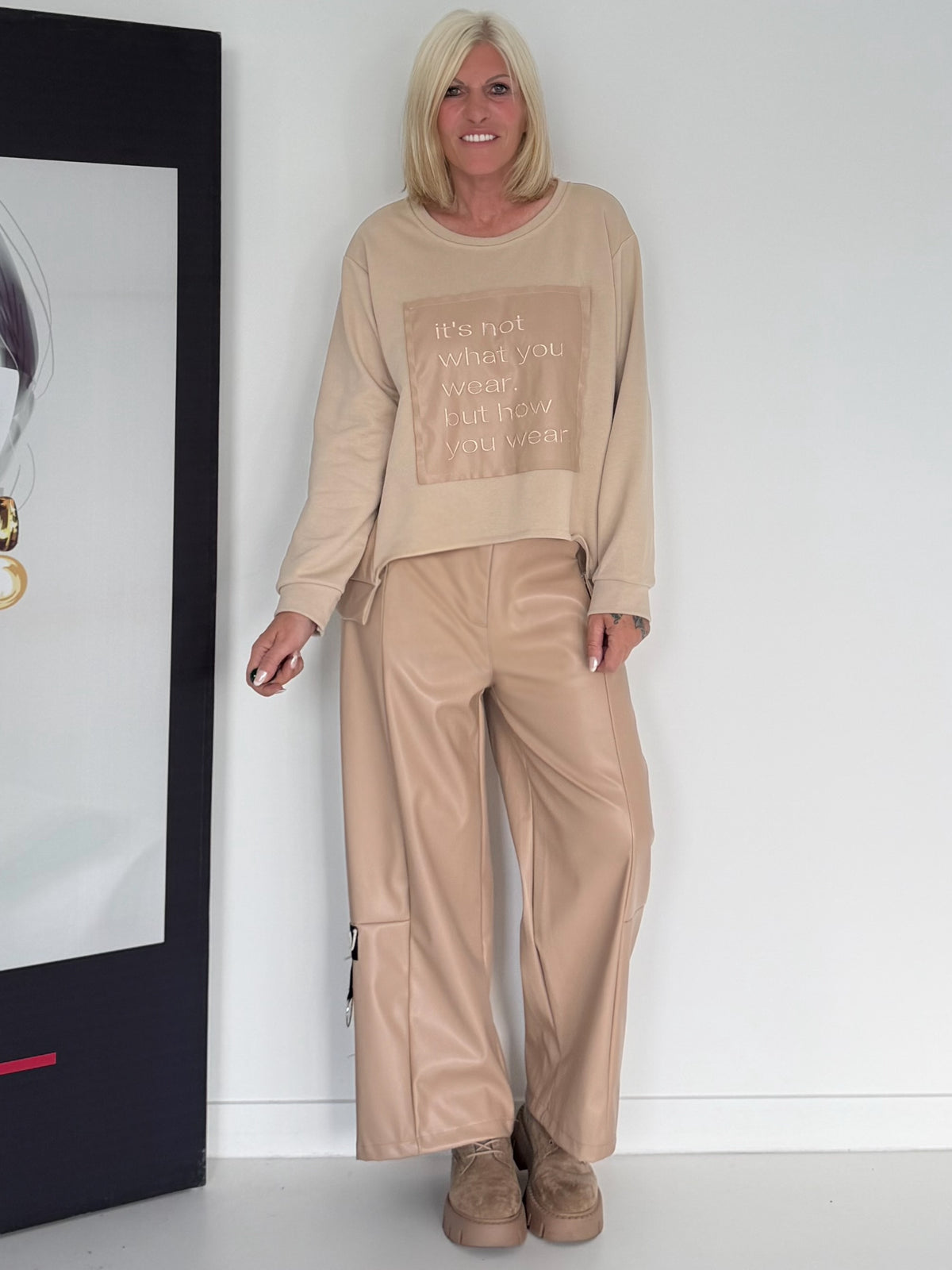 Sweater with faux leather details - beige