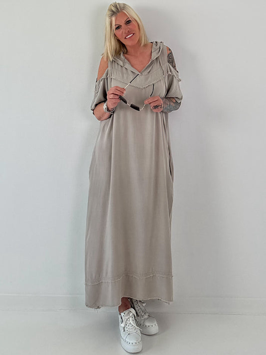 Kleid mit cold shoulder und Kapuze - taupe
