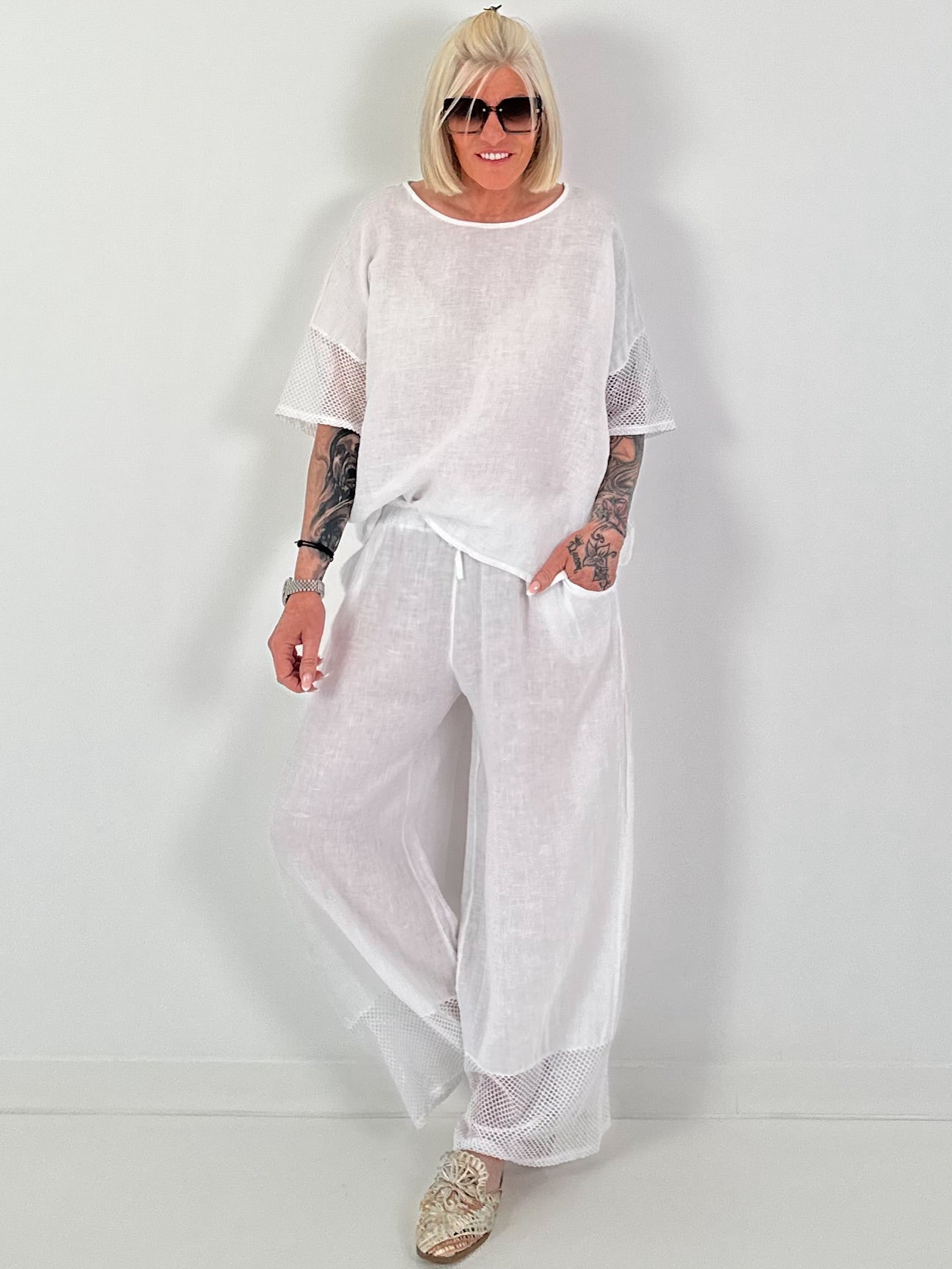 Wide-leg linen trousers - white