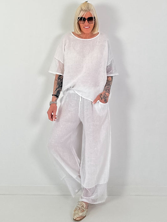 Leinen Shirt mit kurzen Ärmeln - weiss
