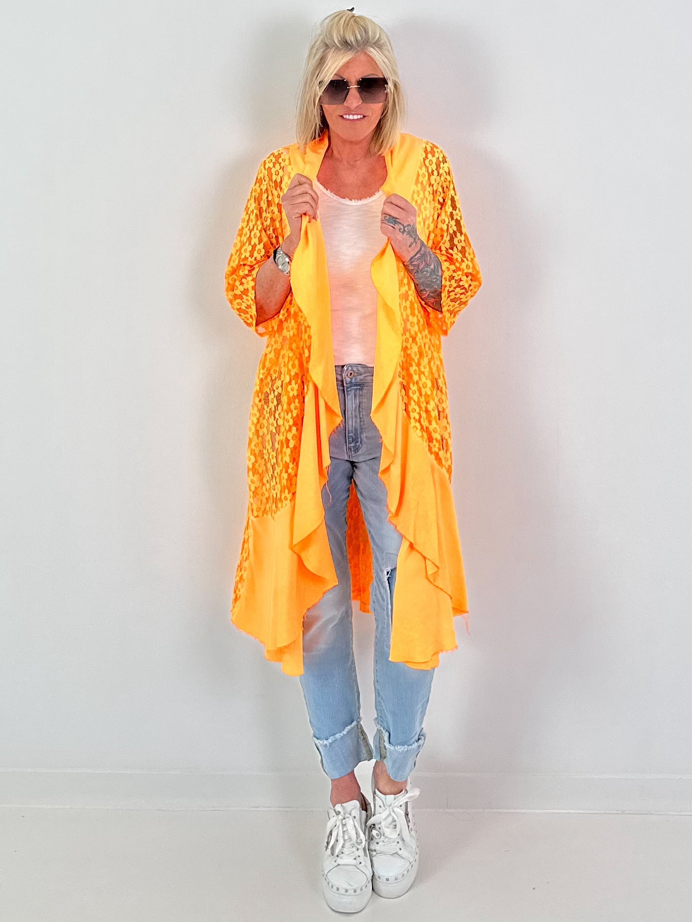 Lace coat in a material mix - neon orange