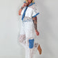 Ausgefallener Zweiteiler mit aufwendigen Denim Details- weiss
