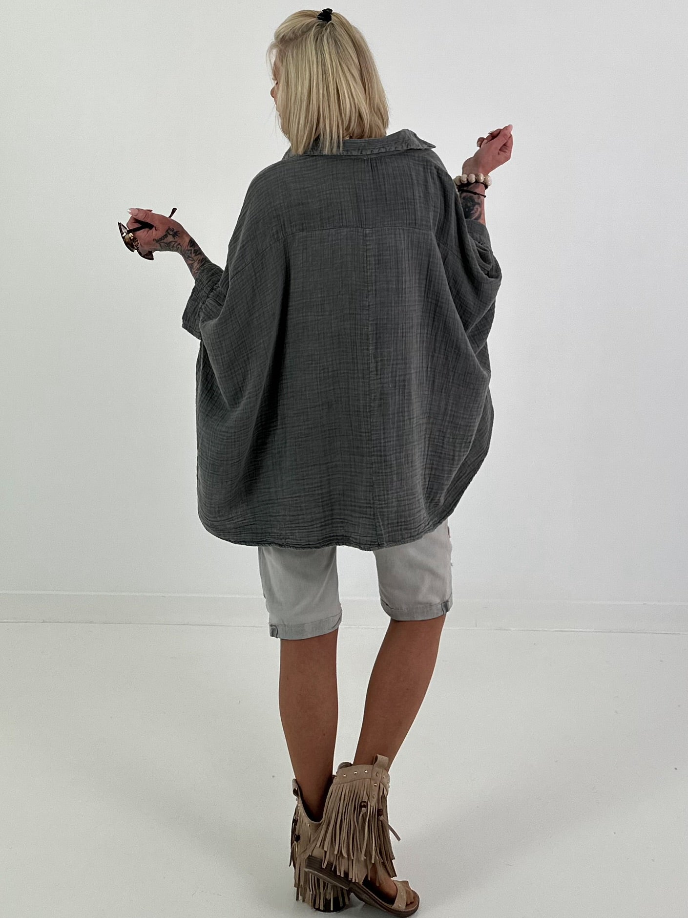 Oversized Muslin Blouse with Colorful Bead Embroidery - Anthracite