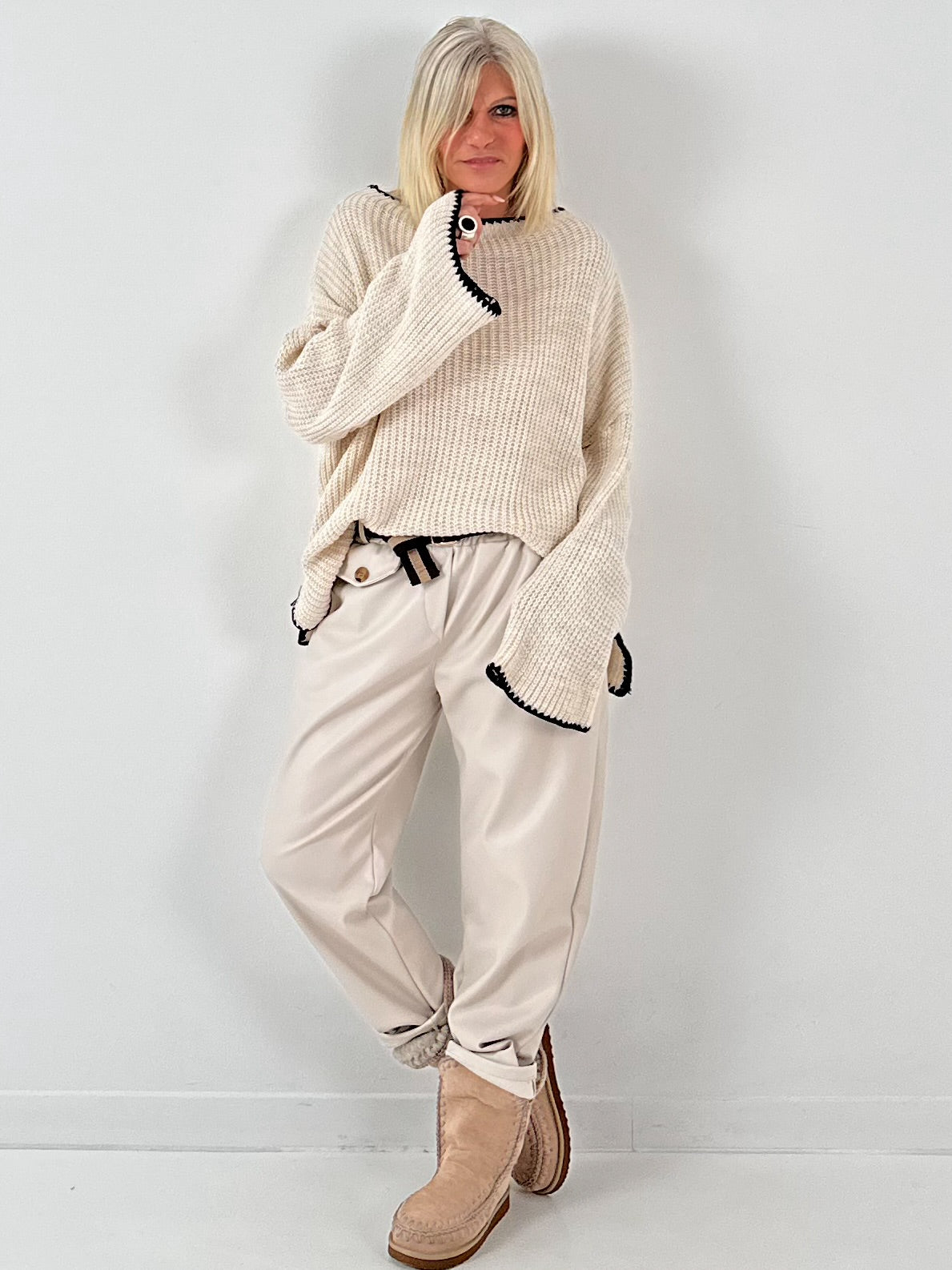 Leather-look trousers, model "Cream Flow" - beige