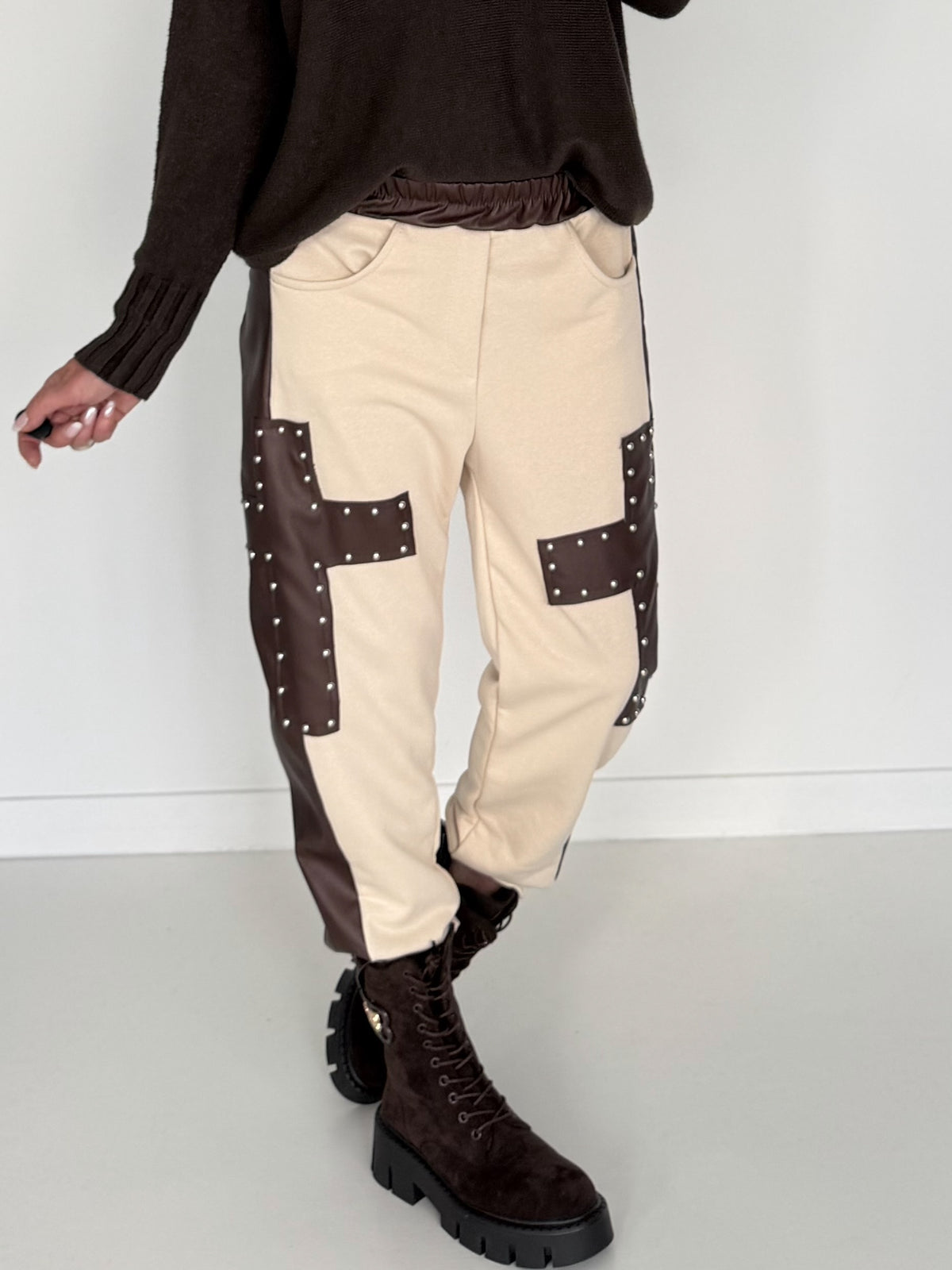 Sweathose im Materialmix - beige-mokka