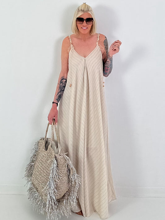 Dress with decorative straps and stripe pattern - beige