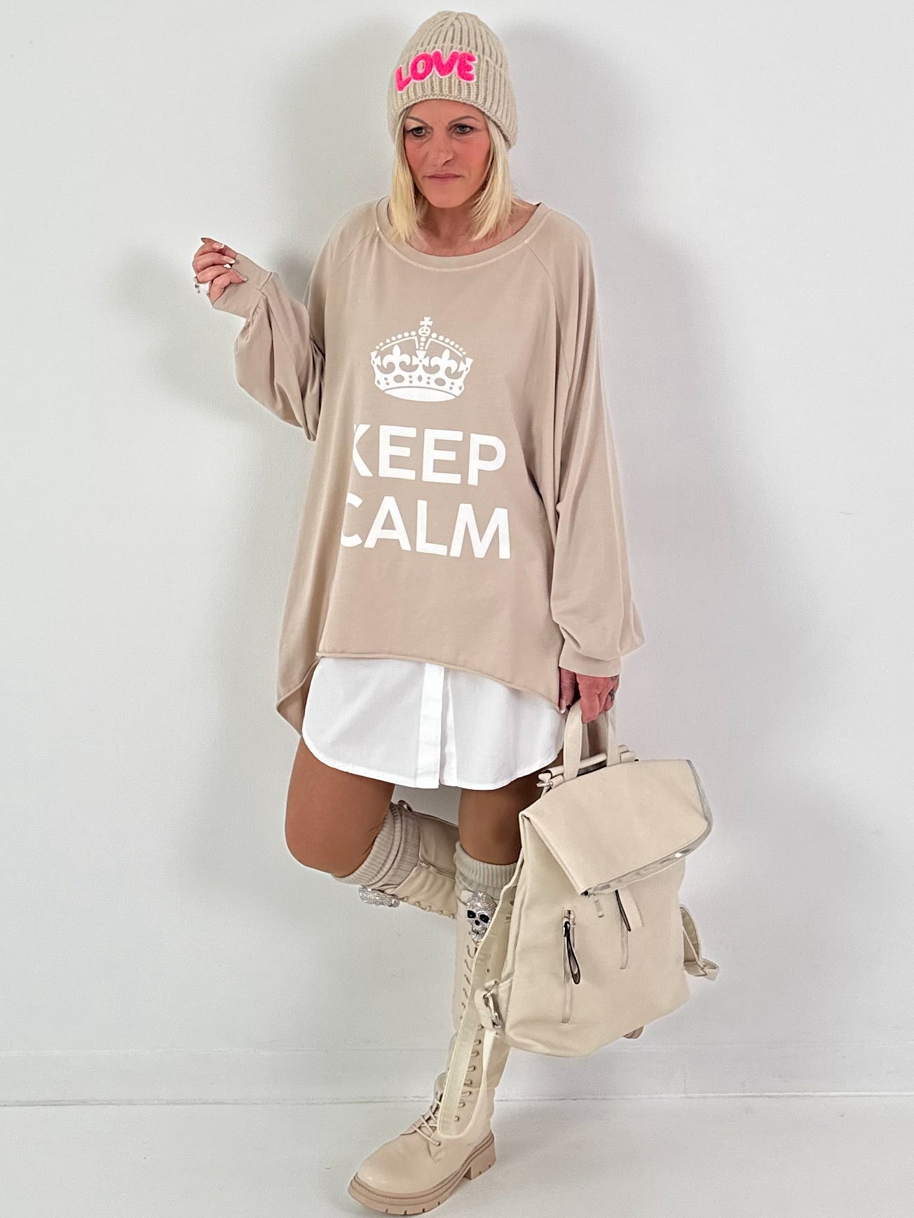 Oversized shirt model "KEEP CALM" - beige