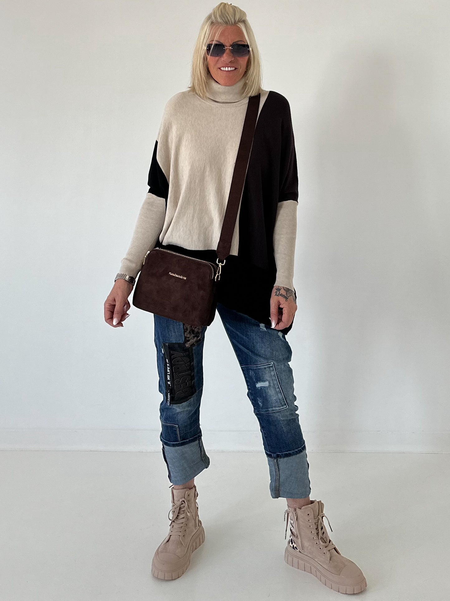 Oversized Feinstrickpullover mit Stulpenärmeln - beige-mokka-schwarz